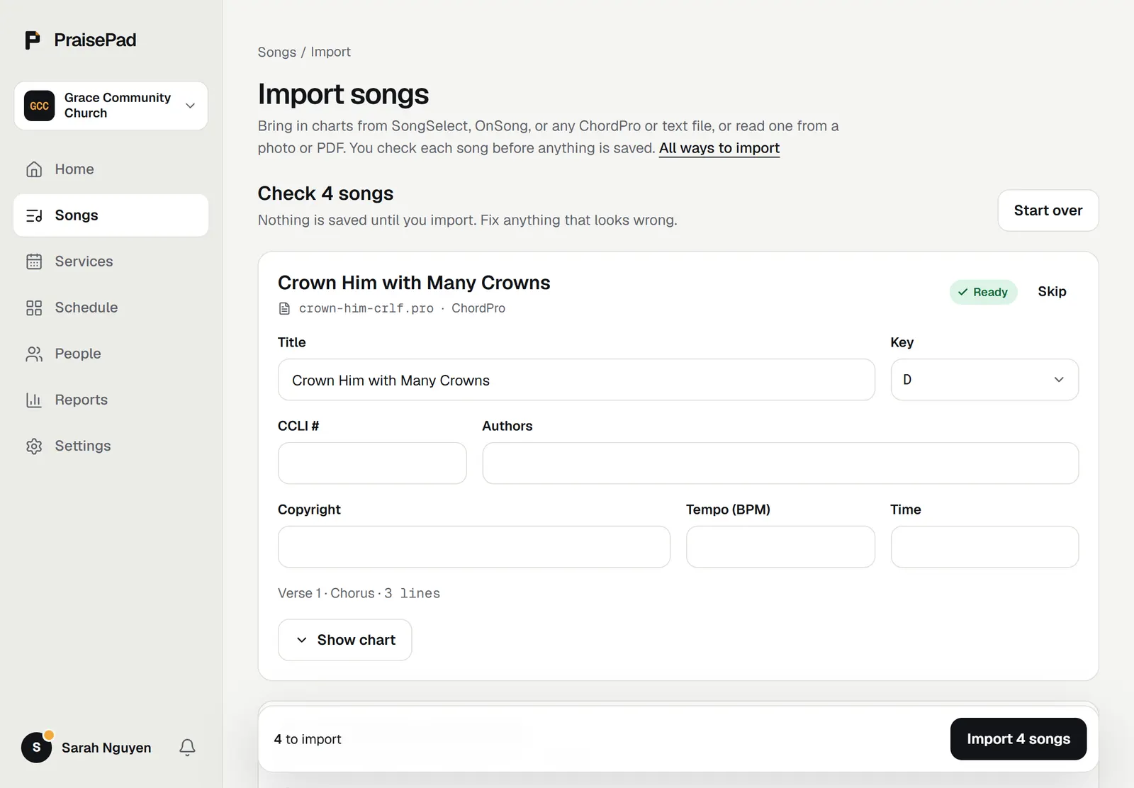 A review card with the song's title, key, CCLI number, authors, and copyright to check, and the import button at the bottom
