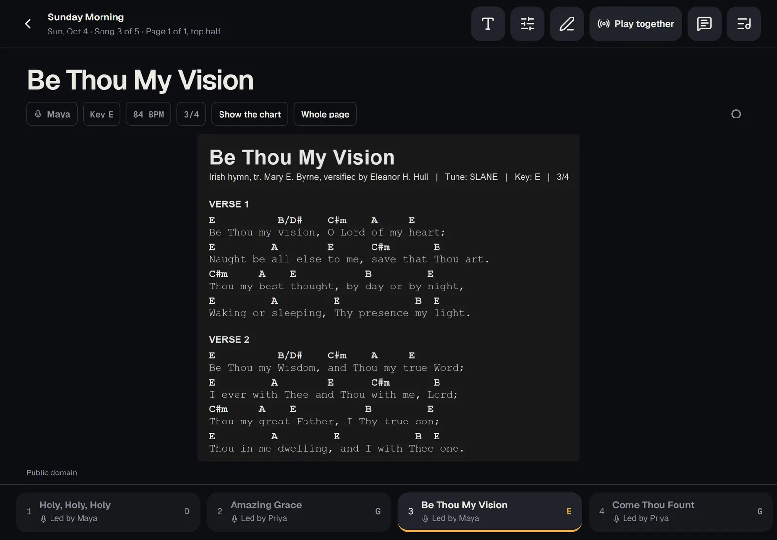 Stage view on a tablet held sideways: the top half of a PDF chart filling the screen, with the Show the chart and Whole page buttons under the song's title