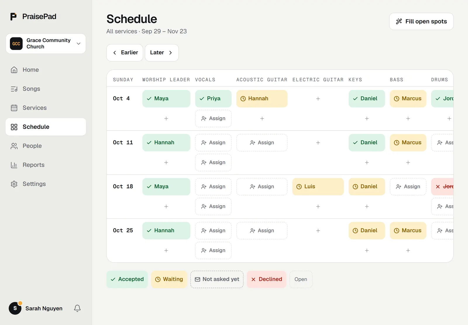 The schedule: services down the side, positions across, each name marked Accepted, Waiting, Not asked yet, or Declined, and Assign in the open spots