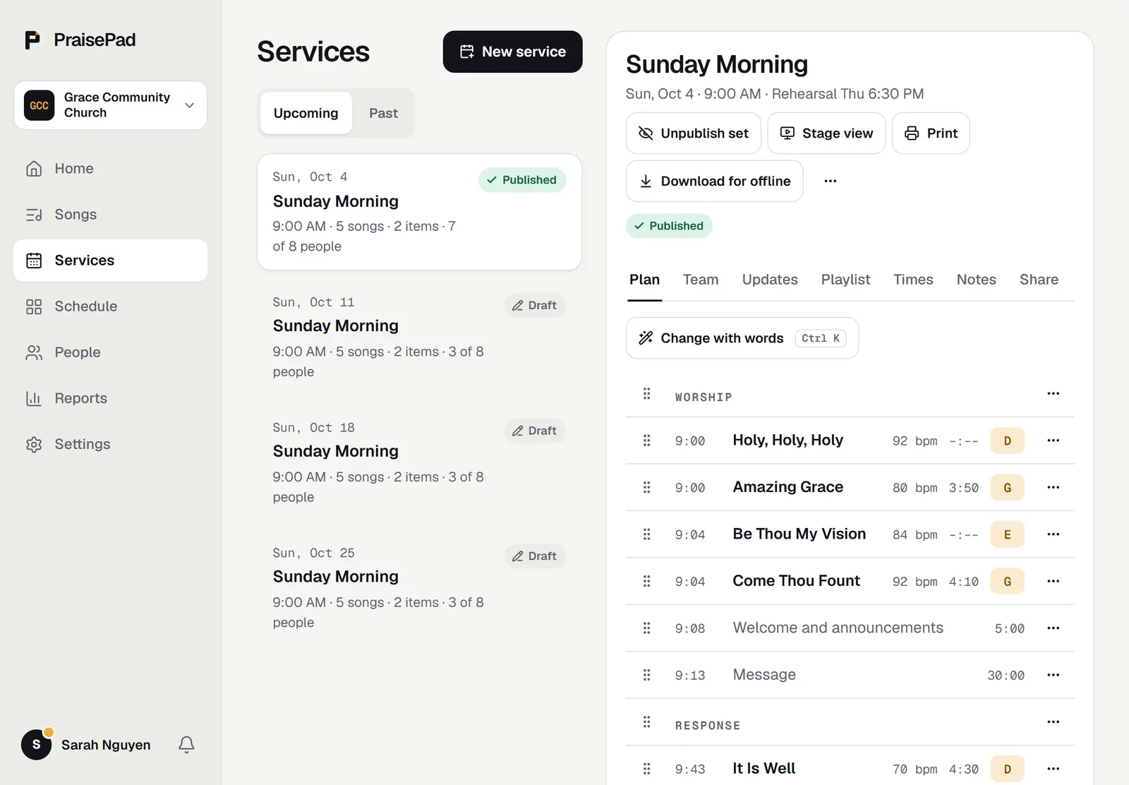 The Services page: upcoming services on the left, and a published Sunday Morning plan on the right with its songs, keys, and start times