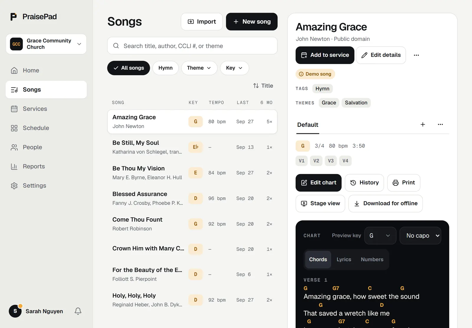 The song library beside a song's page, with Edit details under the title and the chart below