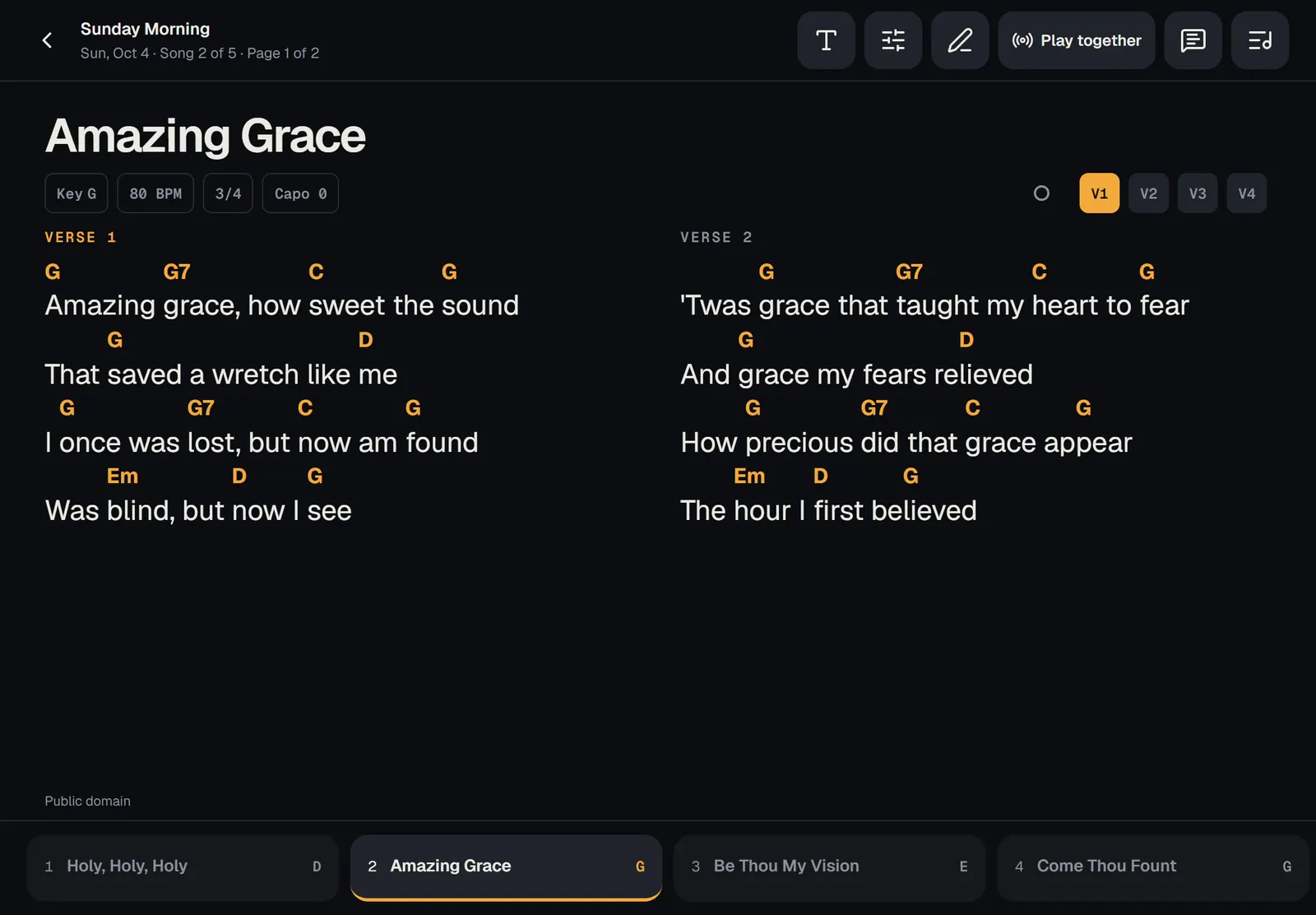 Stage view on a tablet: the song's chart in two columns, the buttons along the top, and the songs of the set along the bottom