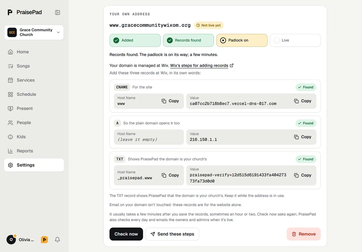 Your own address with its three records found, each in Wix's own words with Copy, and the steps at Padlock on