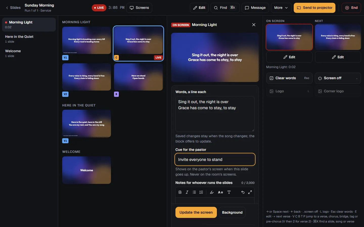 Fixing a slide while it's on the screen: the slide open beside the show, with Update the screen