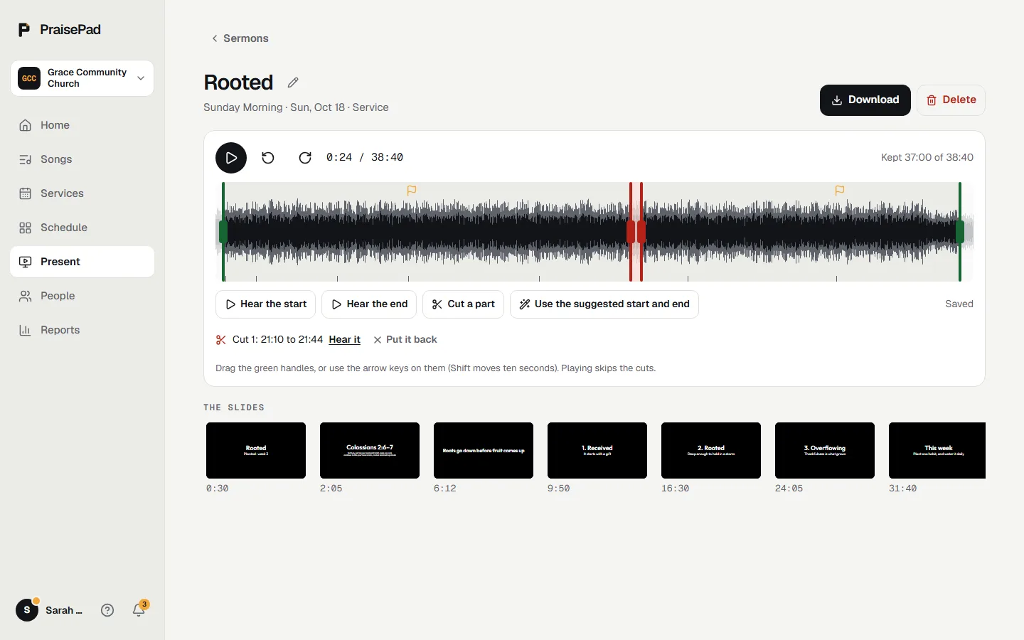 Reviewing a sermon: the waveform with its start and end handles, a part cut out, and the slides that went up along it