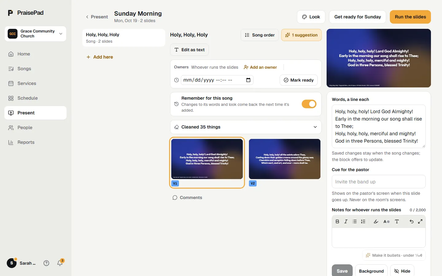A song's slides with what was cleaned listed under it, and the AI's suggestions waiting