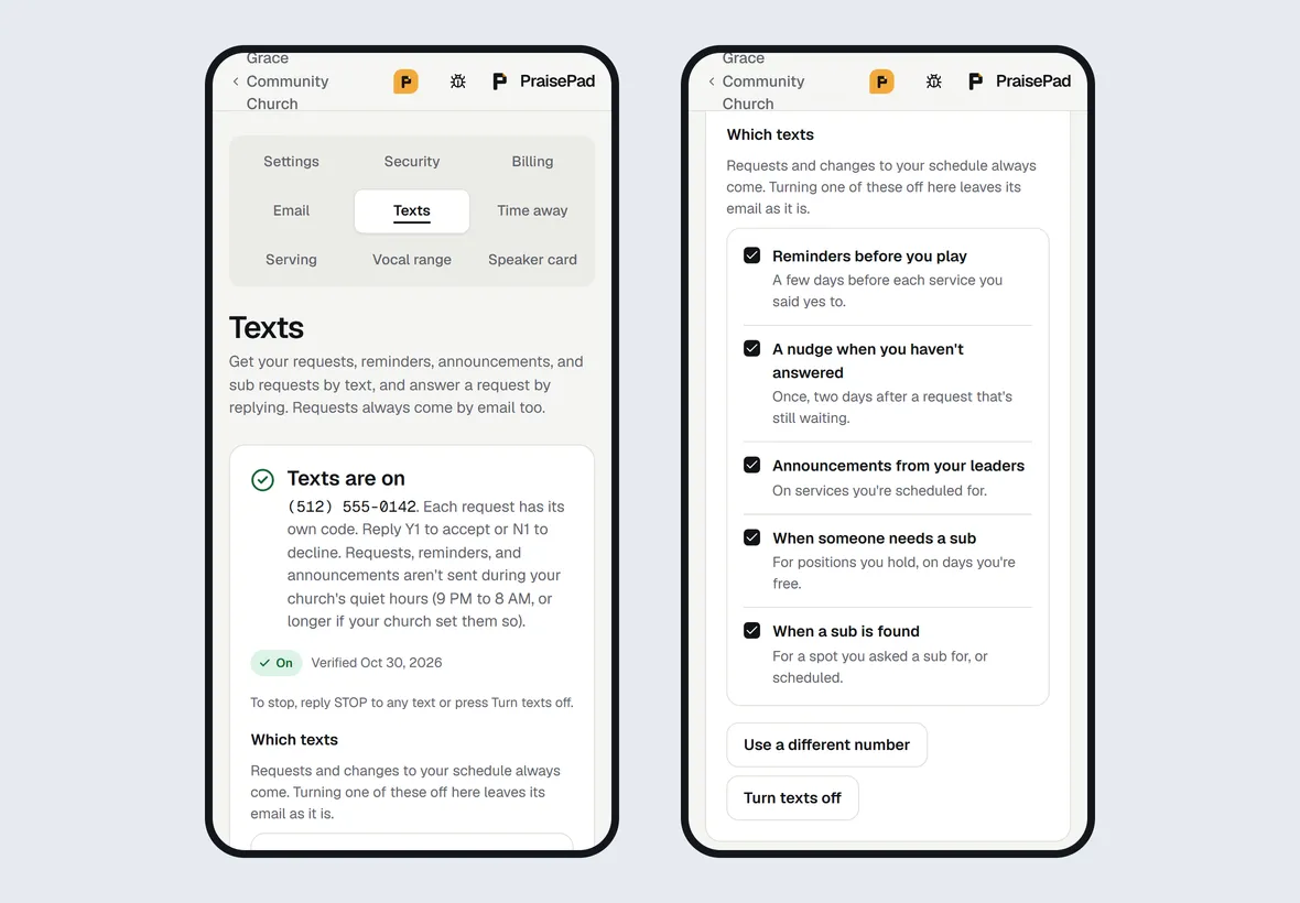 The Texts page with texts on: the number, the reply codes and the quiet hours, then Which texts with each kind ticked, and Turn texts off